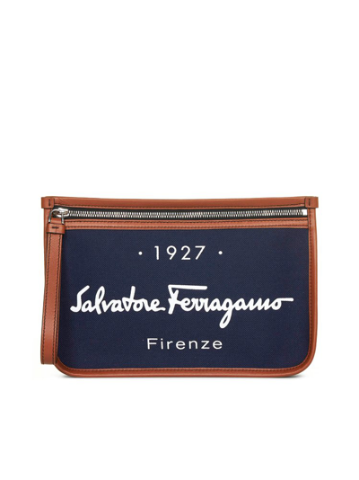 Ferragamo Logo-print Clutch Bag In Blue