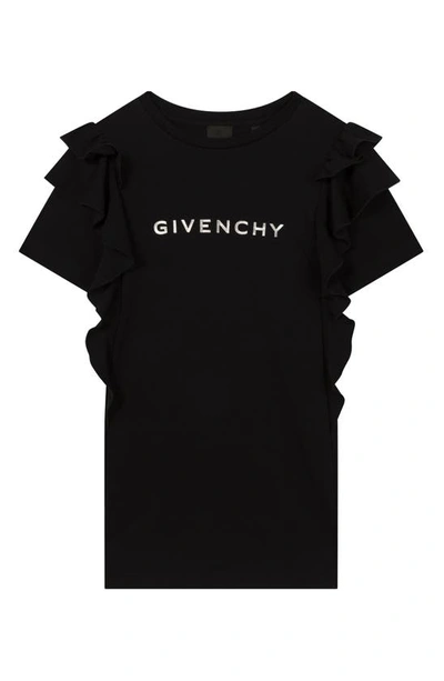 Givenchy Kids' Ruffle Trim Cotton Logo Dress In Black