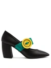 Prada Oversized-button Satin Mary-jane Pumps In Black Green