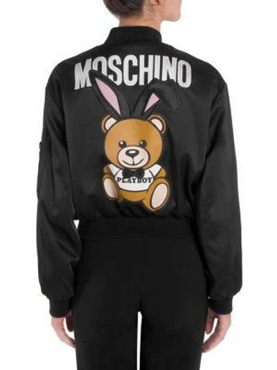 Moschino Embroidered Satin Bomber Jacket In Black