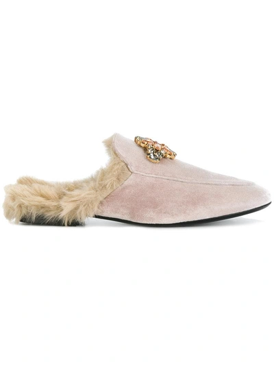 Caruso Fur Embellished Mules In Neutrals