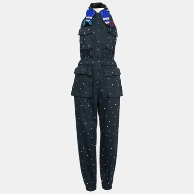 Pre-owned Miu Miu Navy Blue Embellished Cotton Bead Embroidered Halter Neck Jumpsuit S