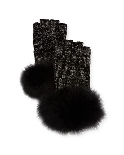 Sofia Cashmere Lurex&reg; Knit Fingerless Gloves W/ Fur Cuffs In Purple
