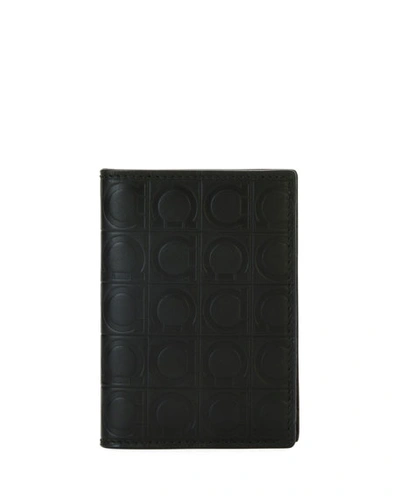 Ferragamo Stamped Gancini And Pebbled Bifold Wallet In Black