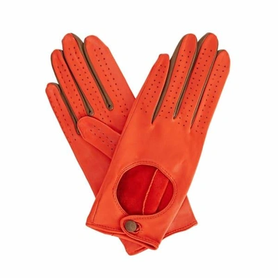 Gizelle Renee Bega Orange Leather Driving Gloves With Coffee Cashmere