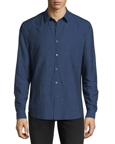Theory Linen-blend Long-sleeve Sport Shirt In Deep Blue