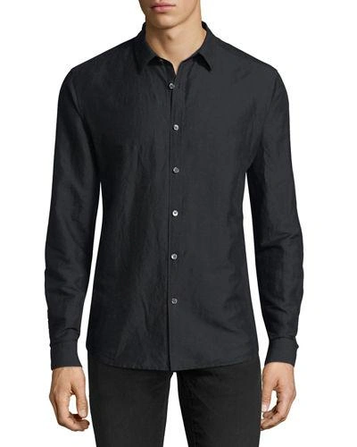 Theory Linen-blend Long-sleeve Sport Shirt In Black
