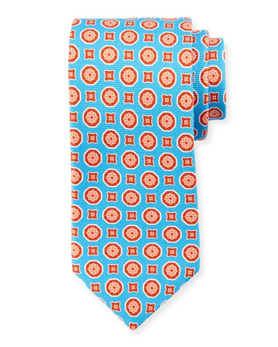 Kiton Medallion-print Silk Tie, Light Blue/orange