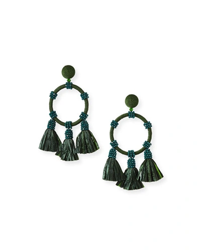 Oscar De La Renta Raffia Tassel Hoop Earrings In Green