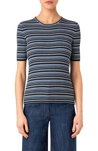 Akris Punto Stripe Short Sleeve Rib Virgin Merino Wool Sweater In Denim-cream-black