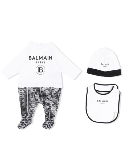 Balmain Baby Onesie, Bib, And Hat Set In White