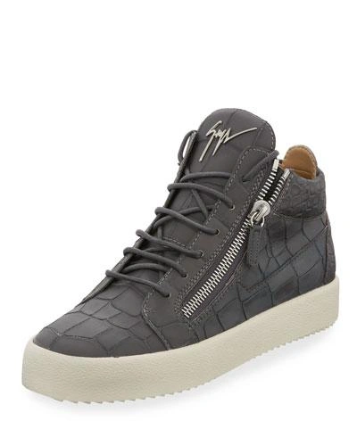 Giuseppe Zanotti Men's Embossed Leather Mid-top Sneakers In Gray