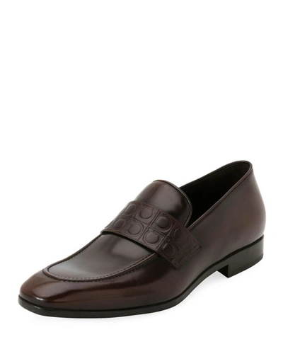 Ferragamo Men's Leather Gancio-stamped Loafer, Brown