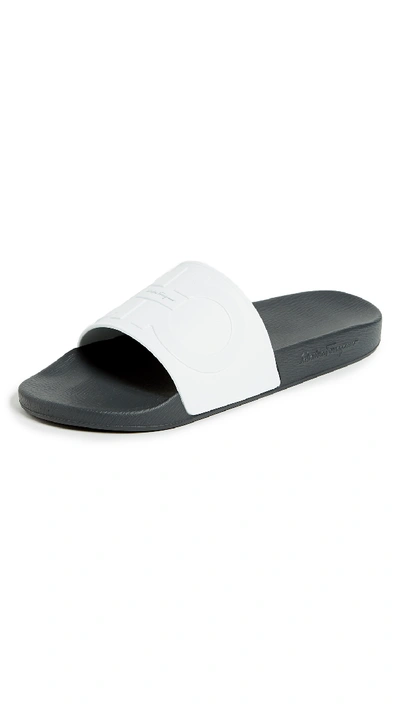 Ferragamo Men's Groove 2 Original Double Gancini Slide Sandals In White