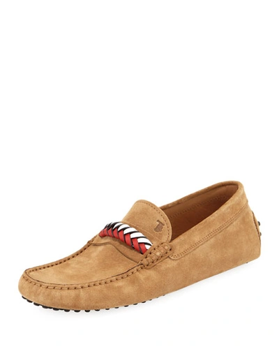 Tod's Braided-vamp Suede Driver, Tan In Brown