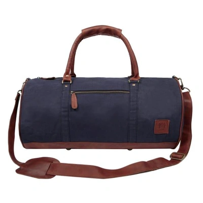 Mahi Leather Gym Duffle In Navy Canvas & Brown Leather