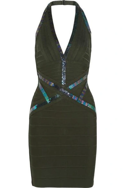 Herve Leger Sequin-embellished Halterneck Bandage Mini Dress In Black