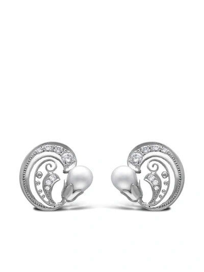 Pragnell Vintage 18kt White Gold Pearl And Diamond Scroll Clip Earrings In Silber