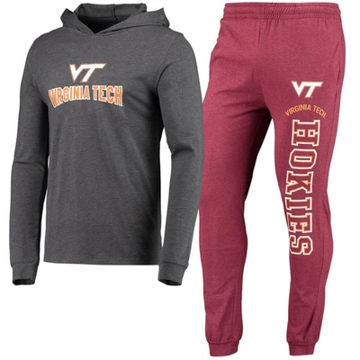 Concepts Sport Maroon/heather Charcoal Virginia Tech Hokies Meter Long Sleeve Hoodie T-shirt & Jogge In Maroon,heather Charcoal