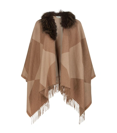 Fendi Fox Fur Collar Poncho In Beige