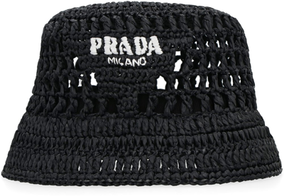 Prada Logo-embroidered Woven Bucket Hat In Black