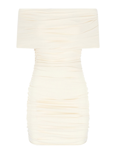 Khaite Aerica Off-the-shoulder Ruched Stretch-jersey Mini Dress In Beige