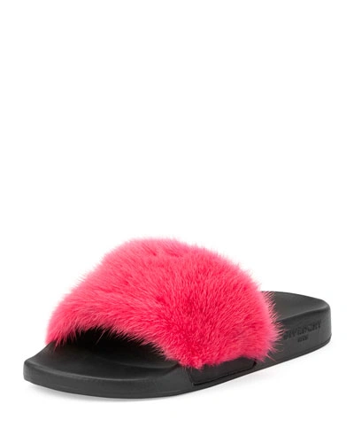 Givenchy Mink Trimmed Rubber Slides In Fucsia