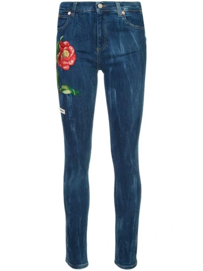 Gucci Flower Embroidered Distressed Skinny Jeans In Blue