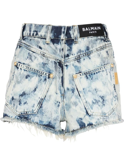 Balmain Bleached & Destroyed Reversed Cutoff Shorts In Blue