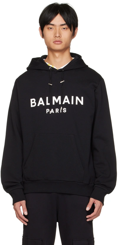 Balmain Logo Print Cotton Jersey Hoodie In Black