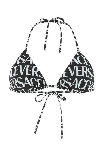 Versace Logo Printed Jersey Triangle Bikini Top In Black