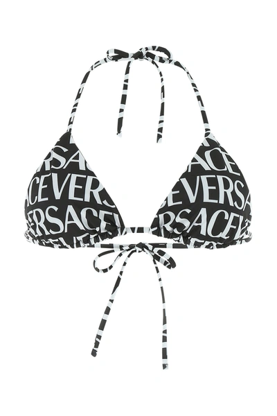Versace Logo Printed Jersey Triangle Bikini Top In White/black