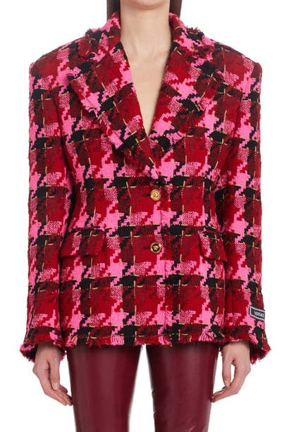 Versace Macro Check Single Breasted Virgin Wool Blend Tweed Blazer In Pink