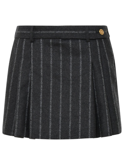 Versace Logo Pleated Pinstripe Wool Mini Skirt In Grey