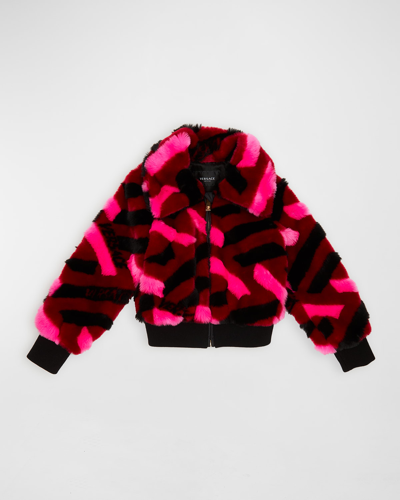Versace Monogram Print Faux Fur Bomber Jacket In Parade Red/fuchsi