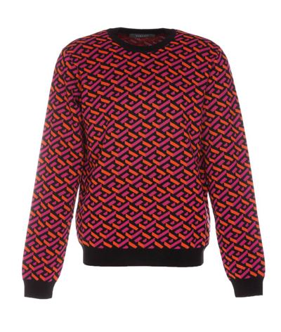 Versace Greca Monogram Jacquard Crewneck Wool Blend Sweater In Fucsia