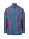 Versace Barocco Silhouette Silk Button-up Shirt In Light Blue,purple
