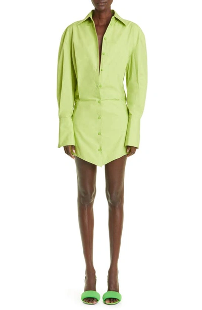 Attico Silvya Long Sleeve Cotton Poplin Mini Shirtdress In Green