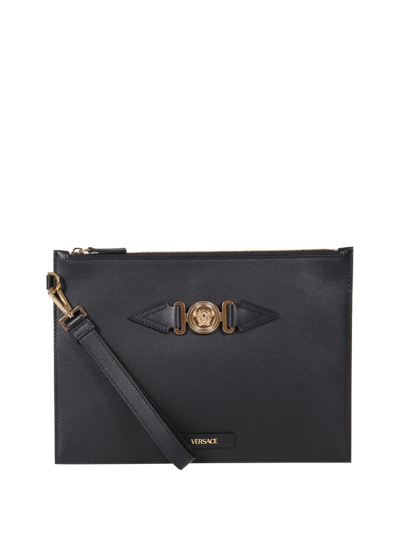 Versace Logo Plaque Zipped Clutch Bag In Black