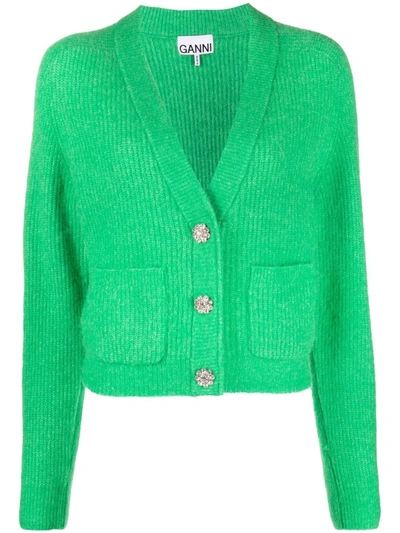 Ganni Crystal-embellished Knitted Cardigan In Green