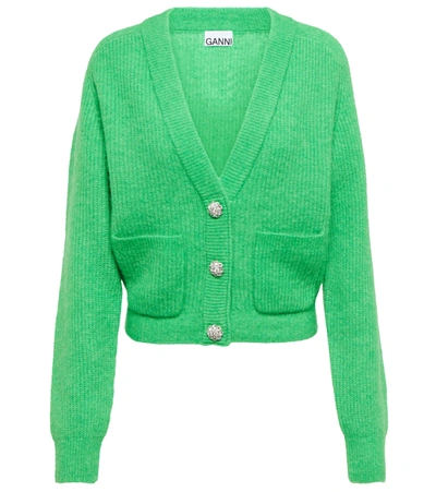 Ganni Crystal-embellished Knitted Cardigan In Green