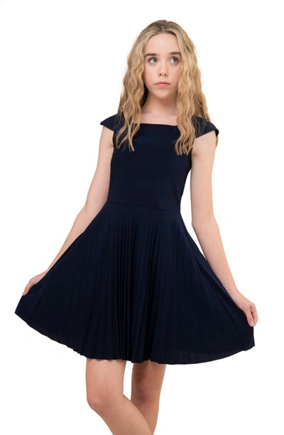 Un Deux Trois Kids' Fit & Flare Pleated Dress In Blue