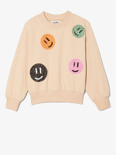 Molo Kids' Girl's Marge Happy Face Embellished Sweatshirt In Beige