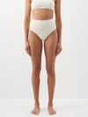 Totême Smocked High-waisted Bikini Bottom In Tofu