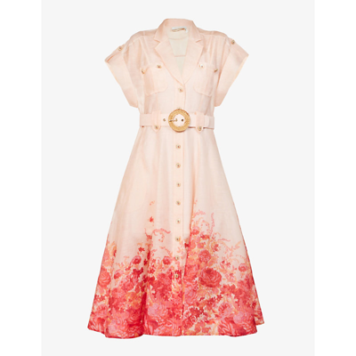 Zimmermann High Tide Belted Floral-print Linen And Silk-blend Midi Dress In Pink