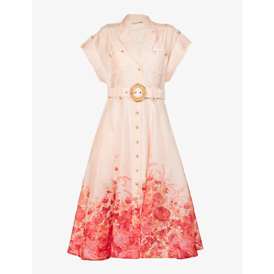 Zimmermann High Tide Belted Floral-print Linen And Silk-blend Midi Dress In Pink Ikat Floral