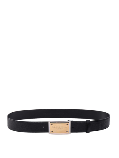 Dolce & Gabbana Black Grainy Logo Plaque Leather Belt