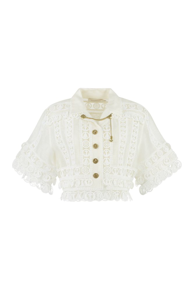 Zimmermann Cropped Crocheted Lace And Slub Woven Organza Jacket In Bianco