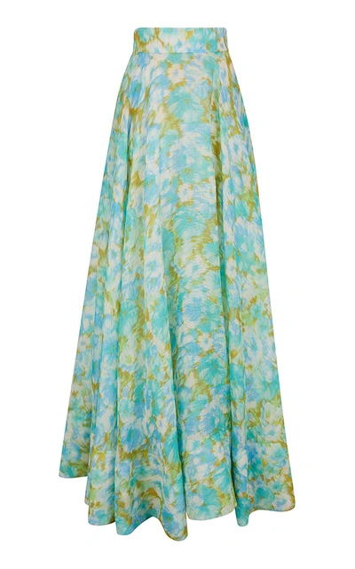 Zimmermann High Tide Floral-print Belted Linen And Silk-blend Maxi Skirt In Light Blue