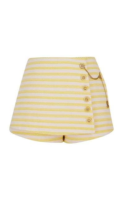 Zimmermann High Tide Wrap-effect Embellished Striped Cotton-blend Shorts In Yellow/cream Stripe